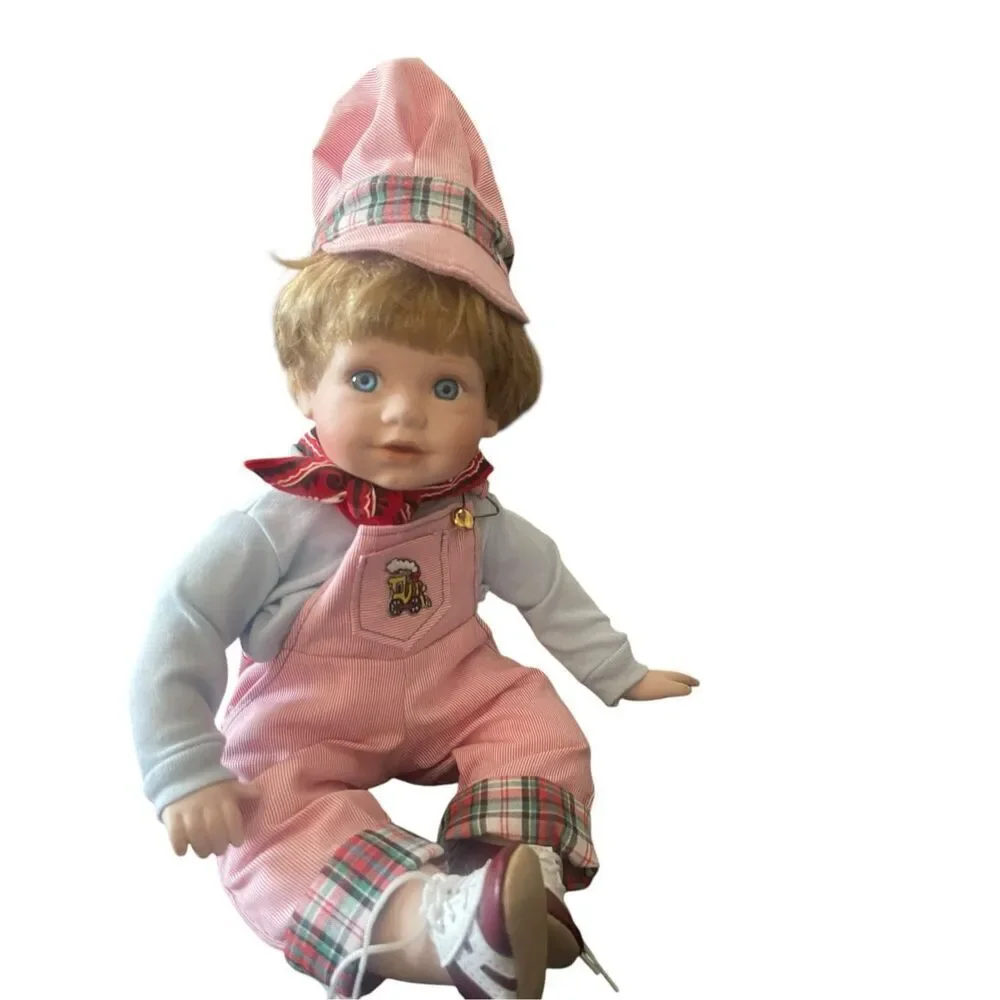 Unbranded Kids Pink White Overalls Hat Porcelain Doll